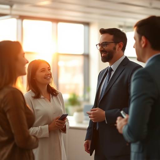 Eine Führungskraft, die mit ihrem Team in einem hellen Büro interagiert und offen kommuniziert.