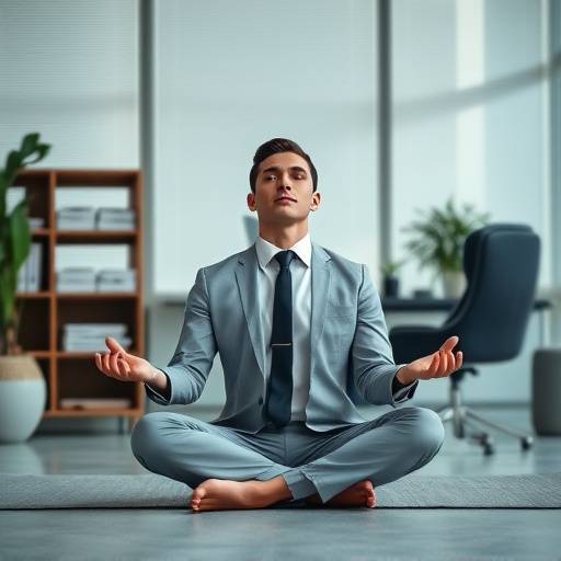 Eine Führungskraft meditiert inmitten eines ruhigen Büros, um Stress abzubauen und ihre Resilienz zu stärken.