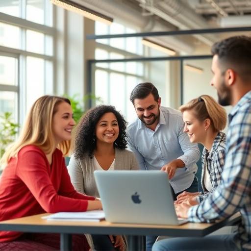 Eine Gruppe von Mitarbeitern unterschiedlicher Herkunft und Hintergründe arbeitet harmonisch in einem modernen Büro zusammen.